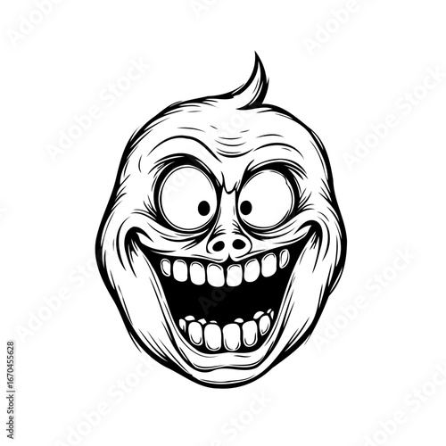 Grotesque grinning visage with wildly bulging eyes, a caricature of unhinged amusement and