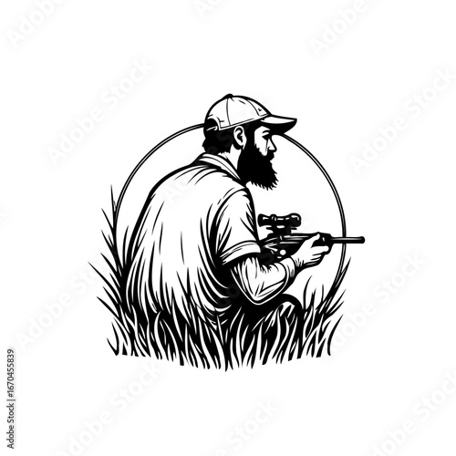 Hunter silhouette amidst tall grass showcasing precision aim and poised vigilance in monochromatic