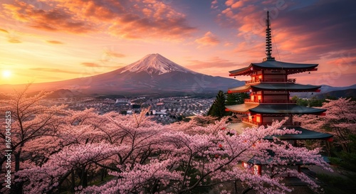 Vibrant Spring Sunset over Mount Fuji, Chureito Pagoda, and Blooming Sakura