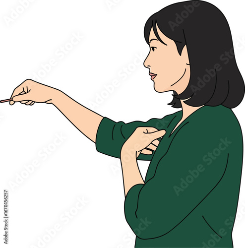 Woman with dark hair in green shirt extending arm and pointing vector illustration