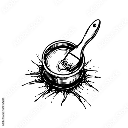 Ink drawn painting equipment showcasing a brush dipped into paint can with splashing design