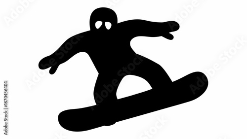 Silhouette of a snowboarder in action performing a jump on a snowboard with a white background scene