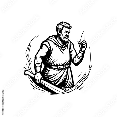 Intricate illustration depicts a bearded swordsman with a blade showcasing strength vigilance and