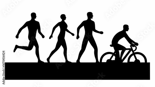 Silhouetted figures engaging in various physical activities including running walking and cycling on a base