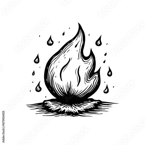 Intricate line drawing showcasing an enigmatic fire with water drops a conceptual balance