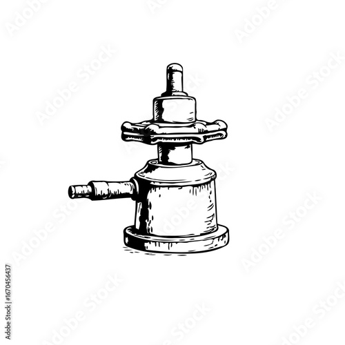 Intricate line drawing showcases technical valve illustration capturing vintage industrial