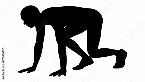 Silhouette of a runner in starting position with hands on the ground ready to sprint forward fast now