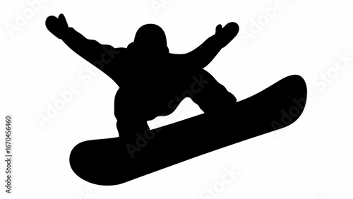 Silhouette of a snowboarder in mid air performing a trick with arms extended for balance and control