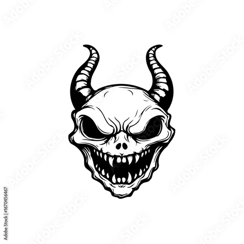 Intricate monochromatic drawing of a horned demon skull head with sharp teeth and menacing gaze