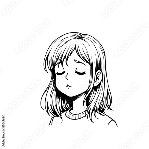 Melancholic young woman with closed eyes expressing sadness in a simple monochrome graphic style