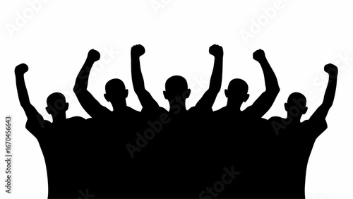 Silhouette of a group of people raising their fists in the air in a show of solidarity and support
