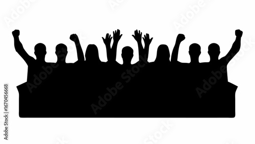 Silhouette illustration of a crowd of people cheering with raised hands and fists in black color tone