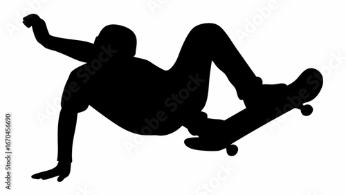 Silhouette of a skateboarder performing a trick with one hand on the ground and body in the air