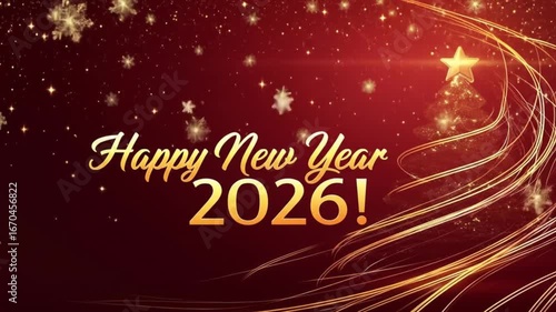 Happy New Year 2026. Happy New Year 2026 greeting with golden lights and Christmas tree 