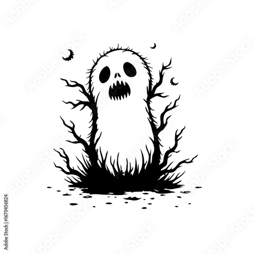 Monochromatic halloween ghost illustration evoking supernatural spookiness with bare tree branches