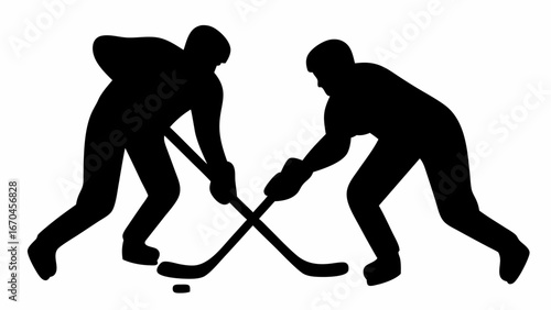 Two hockey players facing each other with sticks crossed over a puck in a black and white silhouette