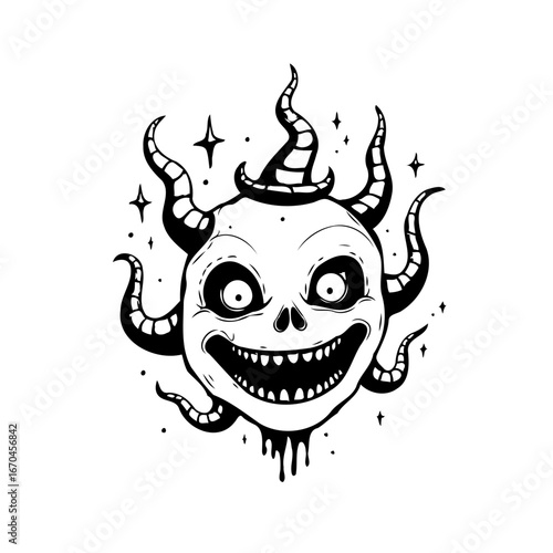 Monochromatic horror illustration featuring a whimsical skull creature adorned with playful