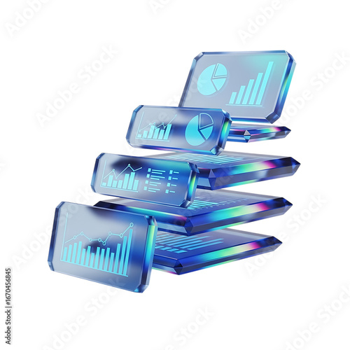 Abstract futuristic geometric prism stack with shimmering iridescent light reflections on black isolated on transparent background