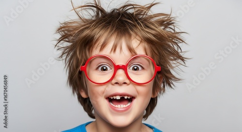 A young boy with messy hair and red glasses smiles widely, showing missing front teeth.