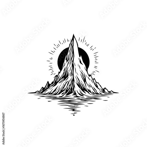 Monochromatic illustration of a towering mountain peak reflected upon a tranquil body of water