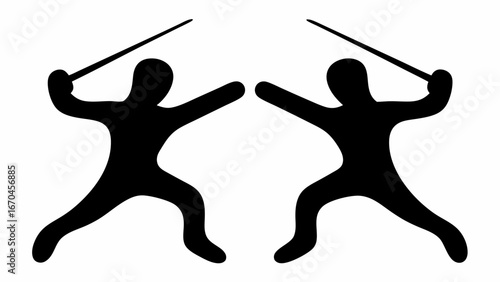 Silhouette illustration of two figures facing each other, each holding a spear in a dynamic pose ready to fight