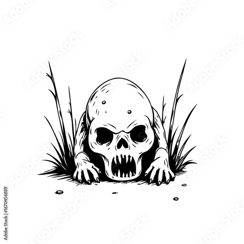 Monochromatic skull emergence illustration amidst vegetation a spooky depiction evoking mystery