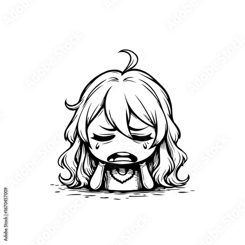 Monochrome depiction of a sad anime girl with downturned expression reflecting emotional turmoil