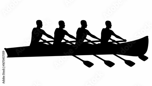 Silhouette of four rowers in a boat with oars in the water participating in a rowing competition race