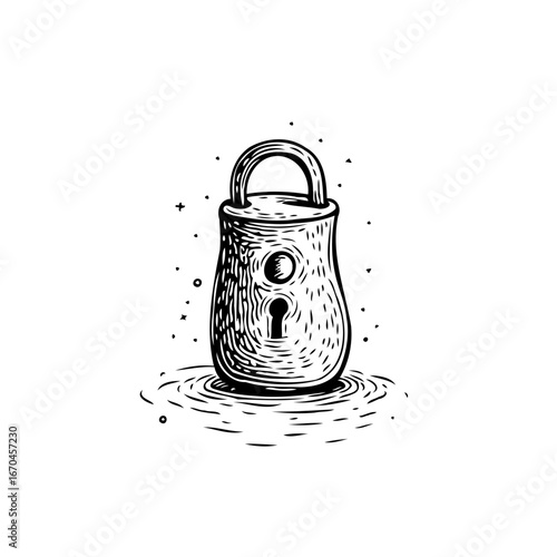 Monochrome illustration of a mystical enchanted lock standing in a puddle surrounded by stars
