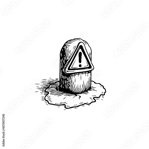 Monochrome illustration of a warning sign attached to a melting block with a puddle indicating