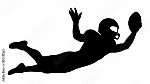 Silhouette of american football player diving to catch the ball in a dynamic action pose on white background