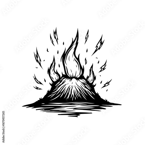 Monochrome illustration of fire and burning elements, portraying intensity and consuming powerful