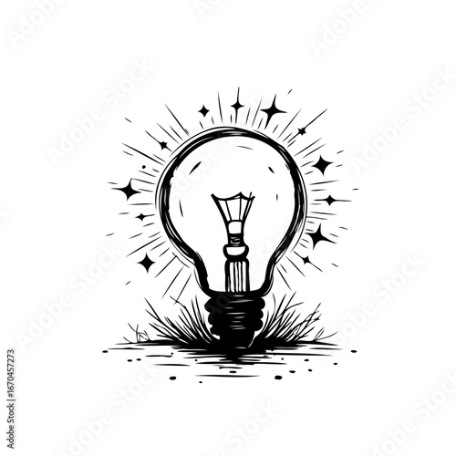 Monochrome lightbulb drawing radiating inspiration illuminating creative concepts sparking