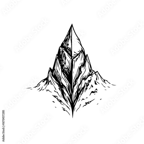 Monochrome mountain peak illustration presents the majesty and grandeur of nature's towering