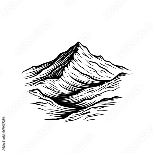 Monochrome mountain range illustration showcasing textured ridges and peaks in a minimalist design