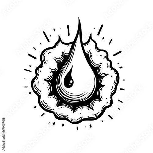 Monochrome teardrop illustration with swirling cloud-like aura representing emotion or purity or