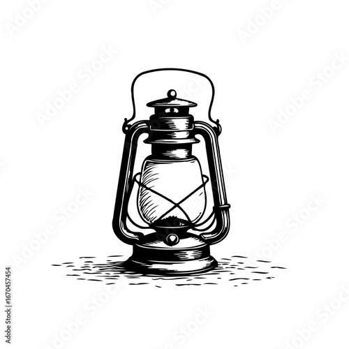 Monochrome vintage kerosene lamp illustration showcasing intricate metalwork details and soft