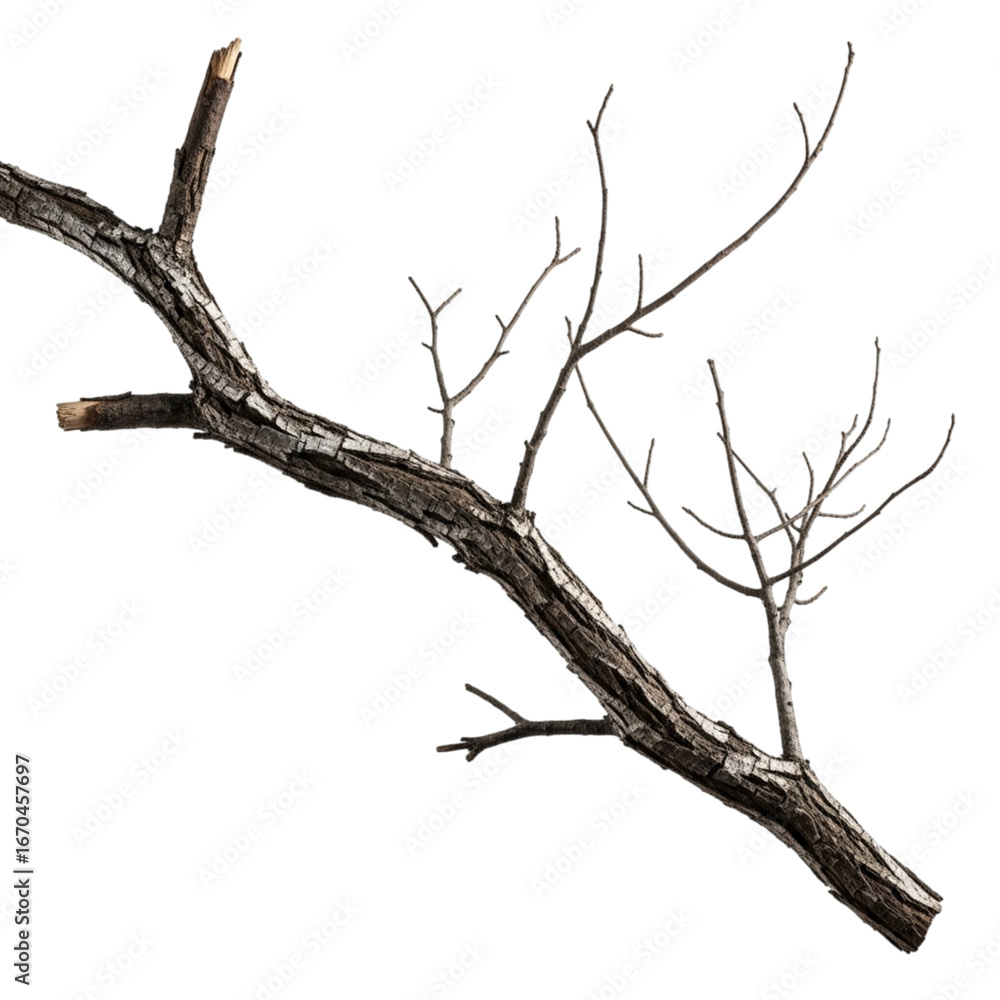 Fototapeta premium Gnarled textured tree branch with delicate twigs and moss against a dark backdrop transparent background