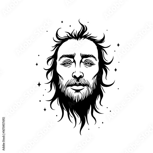 Mystical portrait of a bearded man surrounded by stars a celestial illustration for spiritual