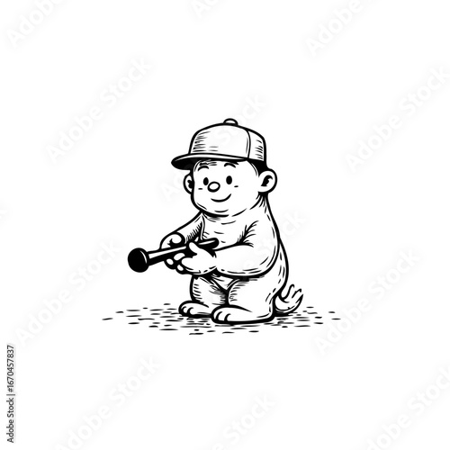 Quirky hand drawn illustration of a playful anthropomorphic bear cub wearing a baseball cap