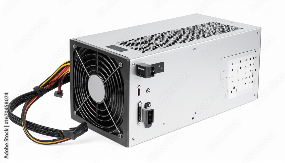 Obraz premium Desktop computer power supply unit with visible cables isolated on white background essential PC component