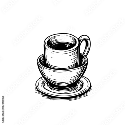 Simple coffee cup sketch drawing stacked on plate, captivating artistic illustration for beverage