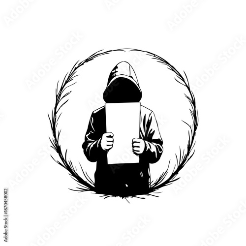 Silhouette figure in hood holding blank sign within a textured circular organic frame artistic