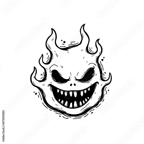 Sinister spectral apparition a blazing demonic entity with a malevolent grin displaying sharp