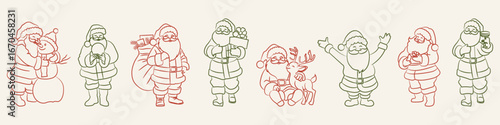 Christmas Santa Claus vector set. Hand drawn holiday line art illustrations. Cute Santa doodle collection with gifts, reindeer and snowman. Festive winter clipart for cards, stickers, posters.