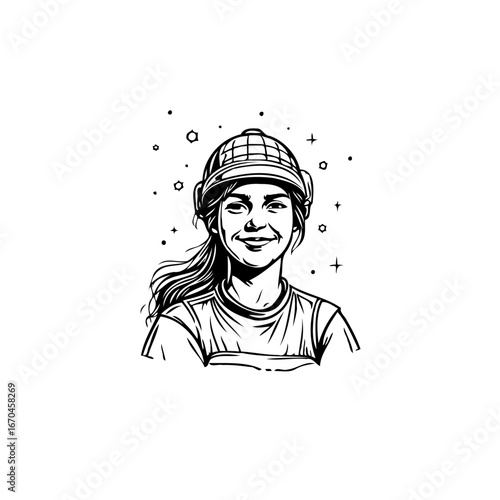 Smiling woman wearing cap with radiating aura and scattered stars a graphic illustration