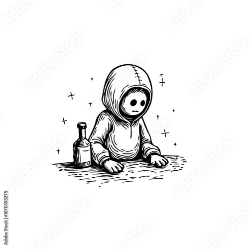 Solitary hooded figure and wine bottle expressing somber feelings and a potential struggle with