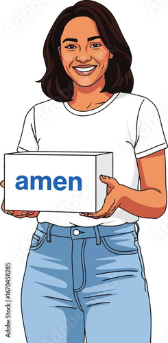 Smiling woman holding amen sign in casual white shirt and blue jeans vector illustration 