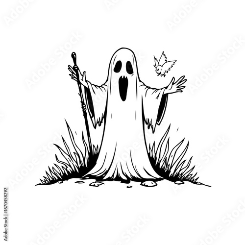Spooky apparition of a ghost figure with a bat illustration on grass, holding a stick