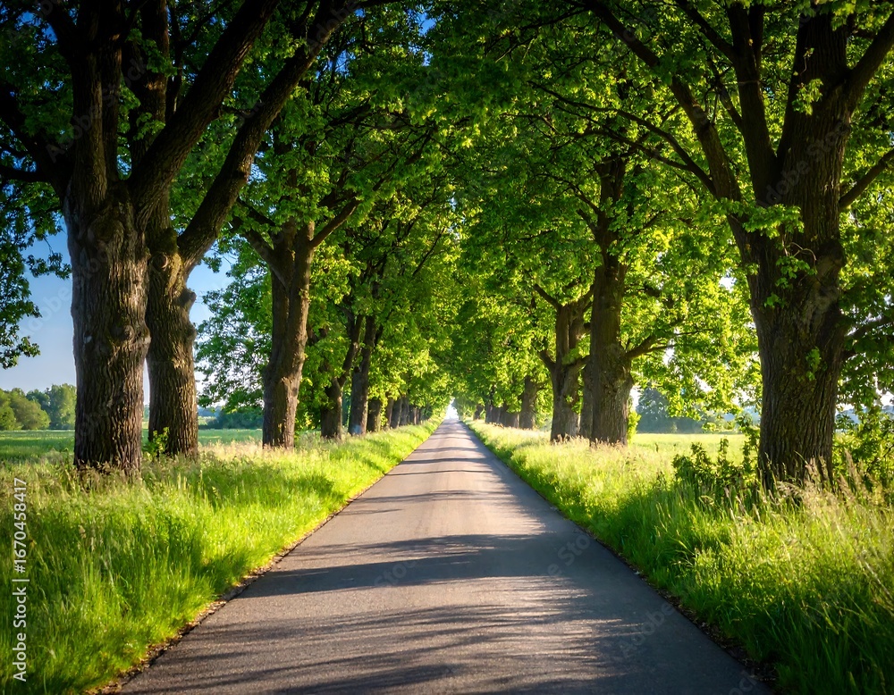 Fototapeta premium Sunny road lined with lush trees leading into a distant horizon